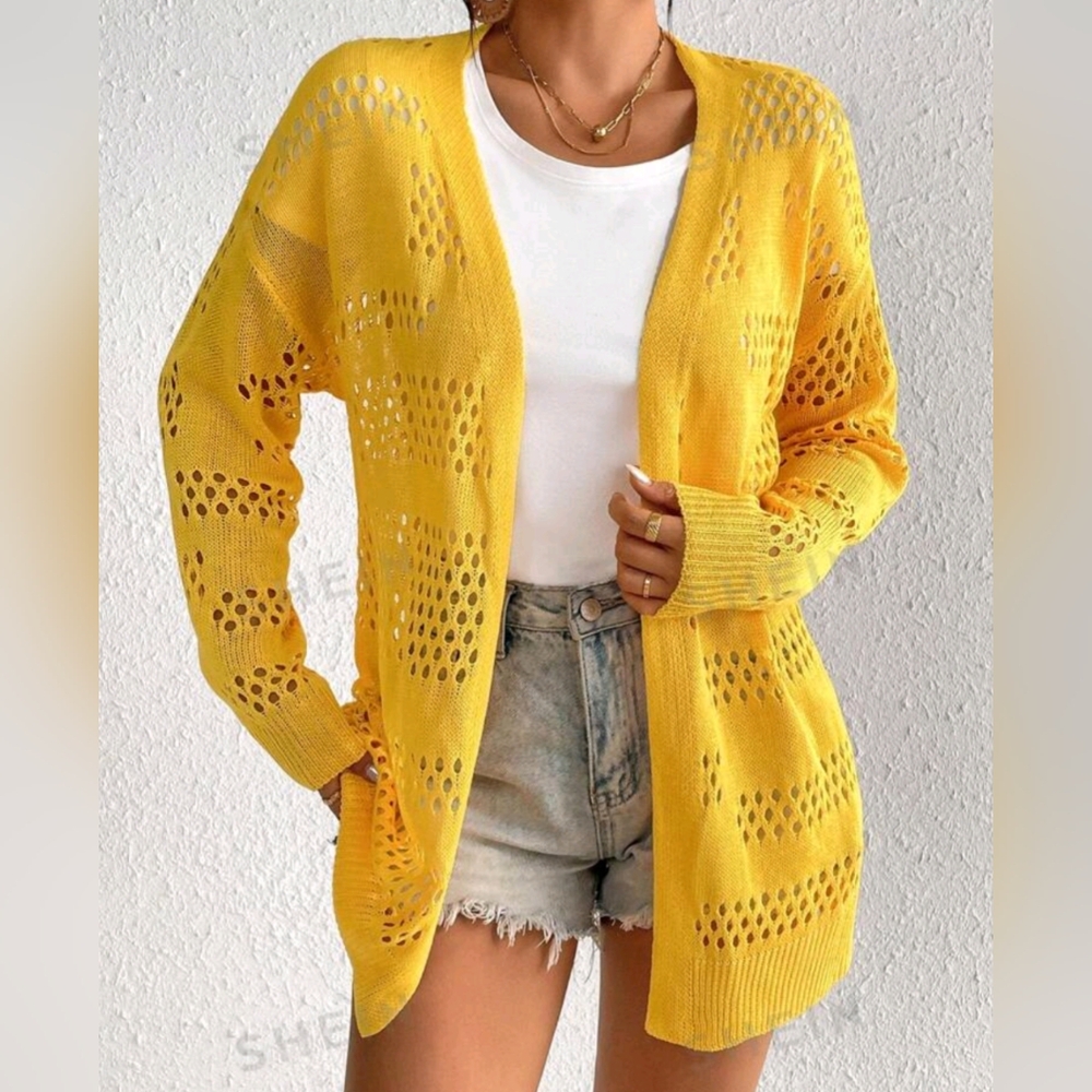 SHEIN Essence Women's Solid Color Hollow Out Long Sleeve Sweater Cardigan